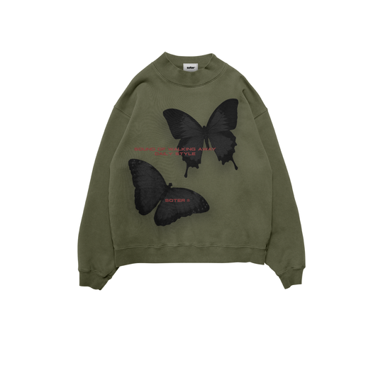 ESSENCE BUTTERFLY OLIVE CREWNECK